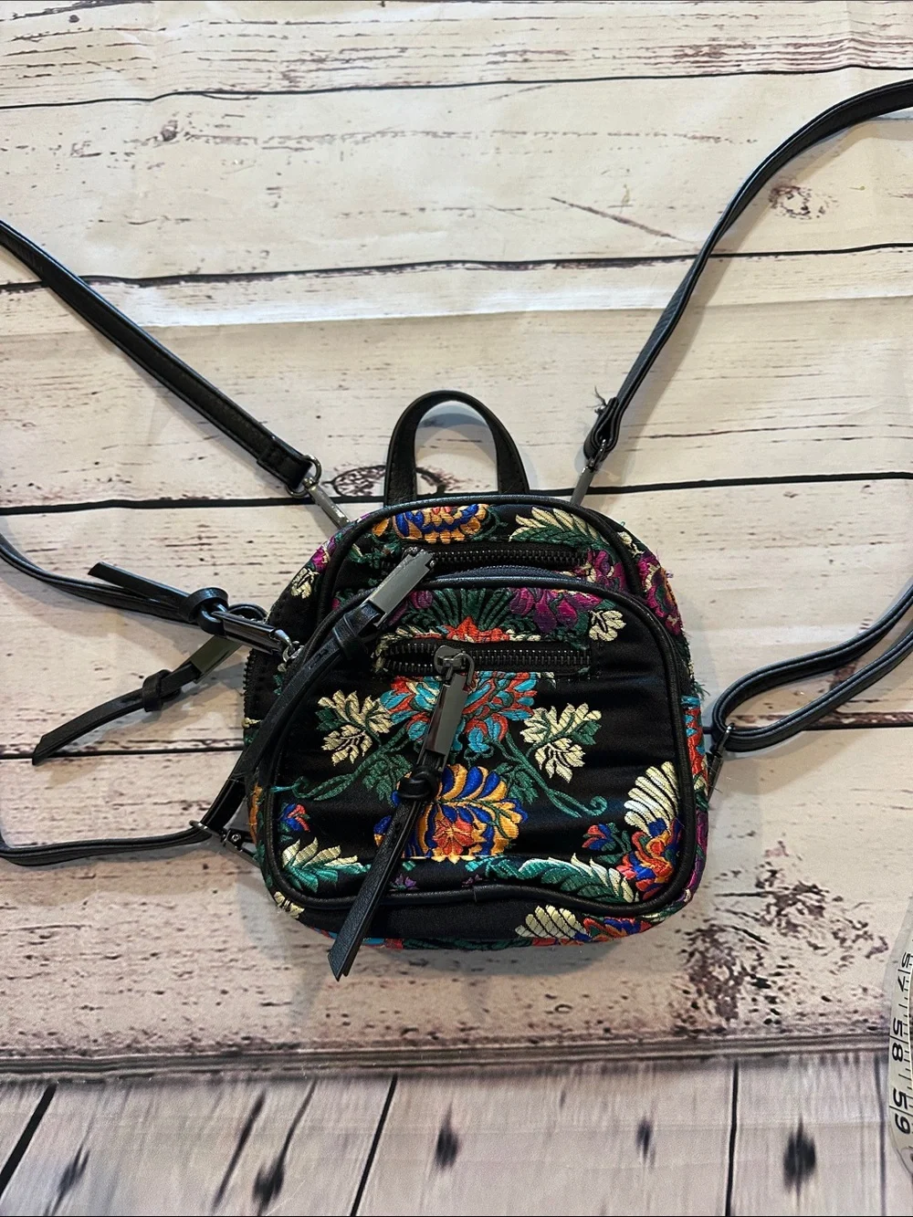 Free People Black Mini Backpack with Multicolor Embroidered Floral